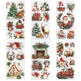 HICOHAND Christmas Rub On Transfer Sticker, 6 PCS 5.91 * 11.81in Rub on Transfer Decals for Furniture Crafts Christmas Tree BellSnowman Vintage Reindeer Gnome Vintage Decals for Home DIY Craft