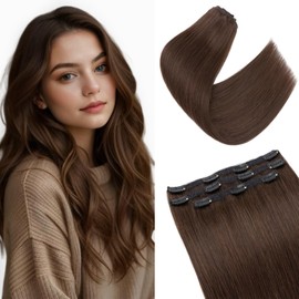 S-noilite Clip-In Real Hair Extensions, Dark Brown, 55 cm, 86 g, Straight, 3 Pieces