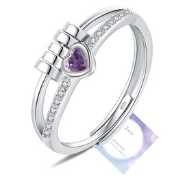 Birthstone Jewellery for Women, Adjustable June Birthstone Cubic Zirconia Ring, Sterling Silver Plated Fidget Gifts, Purple Anxiety Heart Rings for Daughter Birthday Christmas