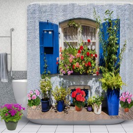Newhomestyle 3D Printing Home Garden Flowers Shower Curtain, Blue Window Garden Decoration, Waterproof Quick-Drying Polyester Fabric Bathroom Curtain with 12 Hooks, 180X180cm/ 71X71 in