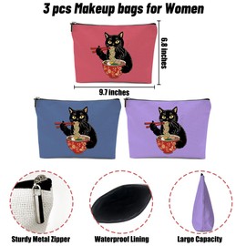 3 Pack Funny Noodles Ramen Cat Lover Gifts Cat Gifts for Women Girls Friend Nurse Animals Lovers Sister Makeup Bag,Travel Essentials Cosmetic Bags for Women, Travel Toiletry Bag Christmas Birthday