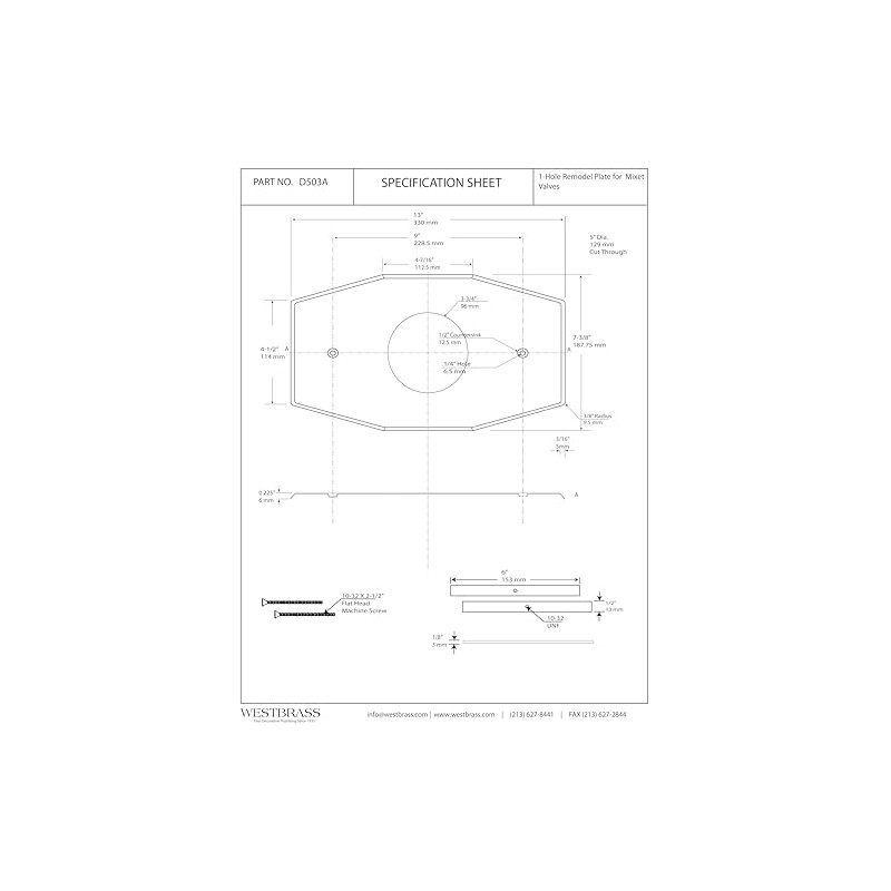 Westbrass A503-01 One-Hole Remodel Cover Plate for Mixet Bathtub and