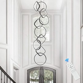 AIRYPHANT Modern LED Chandelier High Ceiling Staircase Chandeliers Foyer Lighting Black 10 Rings Dimmable Remote Control Chandeliers Entryway, 3000K-6500K, Max Suspension Length 98"