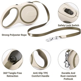 OUTnWILD Retractable Dog Leash - Retractable Dog Leash 16ft for Small/Medium Breeds/Pets Up to 44lbs. 360° Tangle Free Design with One Touch Quick-Lock Braking System&Anti-Slip Handle. (Khaki)