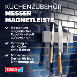 tesa Küchenzubehör Messer-Magnetleiste - selbstklebender Magnet-Messerhalter für die platzsparende Aufbewahrung von Messern in der Küche - mit Adapter, Wandmontage ohne Bohren - Weiß