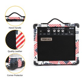 Demusea 20W Watt Electric Bass Guitar Amplifier Portable Travel Mini Practic Amp Headphone Jack Aux Treble Middle Bass Flag Mp3 with Cable Adapter Guitar Picks in