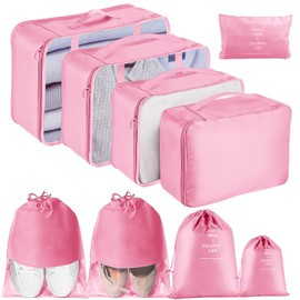 Packing Cubes for Suitcases, MOFELON 9 PCS Travel Luggage Organiser Bags, Waterproof Compression Packing Cubes for Backpack, Travel Essentials for Clothes Shoes Storage Bag-PINK