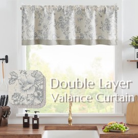 jinchan Linen Floral Valance Double Layer Kitchen Window Curtain Grey Flower on Beige Valance for Living Room Cafe Farmhouse Room Darkening Rustic Country Curtain 16 Inch Rod Pocket 1 Panel