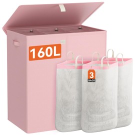 WOWLIVE Laundry Hamper with Lid,160L Large Laundry Basket 3 Section with Removable Washing Bags,Collapsible Waterproof Dirty Clothes Hamper for Laundry Room Bathroom Dorm,Pink