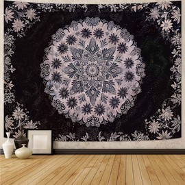 Fowocu Boho Floral Mandala Tapestry Wall Hanging Grey Bohemian Flower Medallion Tapestry Aesthetic Gray Black Hippie Indian Small Tapestries for Bedroom Living Room Dorm Decor 40 x 30 Inch