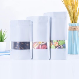 100pcs Mylar Bags Stand up,Resealable Bags Ziplock With Window,White Smell Proof Bag Aluminum Foil Pouches,Reusable Mylar Baggies Heat Seal Packaging Bags for Food Storage (10x15cm - 100 pcs, White)