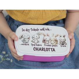 GRAZDesign Personalised Lunch Box Cute Rabbits for Girls for School School Lunch Box School - Pink