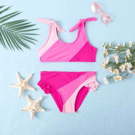 ADXSUN - Traje de baño de dos piezas para niñas pequeñas, color bloque de color, traje de baño para niños, Bloque de color rosa., 12-18 Meses
