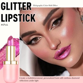 Wugbc Glitter Lipstick Makeup, Holographic Metallic Pink Lip Stick Long Lasting Lightweight Non-Sticky Hydrating Lip Tinted Full Coverage Sparkling Shimmer Lipstick for Women