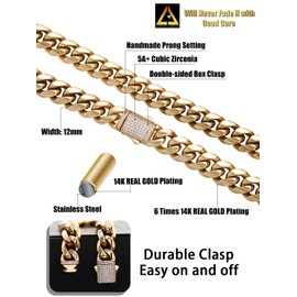 Luxfine 12mm Miami Cuban Link Chain 14K REAL Gold Plated Hypoallergenic Hip Hop Jewelry Premium Stainless Steel Necklace For Men Women Father Day Birthday Gift (No Color Fade, Doublesided Iced Out
