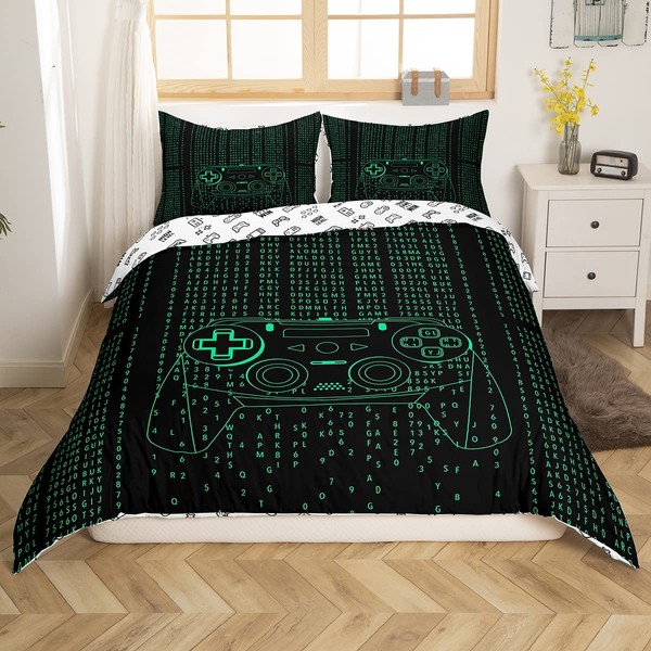 Erosebridal Kids Games Duvet Cover Set Queen Size Gamepad with Action Buttons Bedding Set for Boys Teens Video Games Player Gaming Comforter Cover Digital Letter Print Bedspread Cover, Green