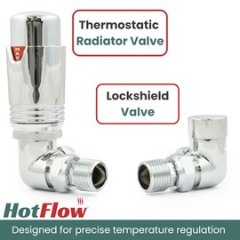 Hot Flow Chrome Estuary Corner TRV Thermostatic Radiator Valve (Pair) Includes Corner TRV Body, Wheel Head, Lock Shield. for Quick & Easy Temperature Control.