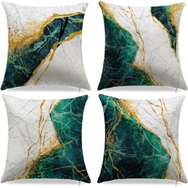 Sofa Cushion Covers 18x18 Inches Polyester Throw Pillow Case Green and Gold Marble Texture Cushion Covers Replacement for Home Decor, 45cm x 45cm, Set of 4 (Green)