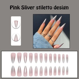 ANDGING Silver Stiletto Press on Nails Long, Ombre Chrome Fake Nails for Women, Full Cover French Tip Nails Press on, Reusable Glue on Nails Stick on Nails for Valentines Mothers Day 24Pc+Glue