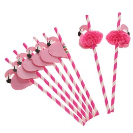 Xrten Pack of 50 Paper Drinking Straws with Flamingo Decorations, Straws for Cocktail Party