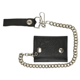 MARSHAL Men's Genuine Leather Black Trifold Wallet with Chain Biker Trucker Motorcycle (Eagle Black)