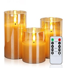 Amagic Gold Glass Flameless Candles Battery Operated with Timer, Remote Control, LED Pillar Candles Battery Powered, Wax, D3"H4"5"6", Set of 3