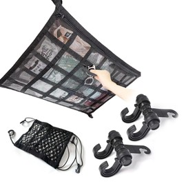 Car Ceiling Net for Luggage Drop Prevention, Luggage Storage Net, Includes 1 Rear Seat Net for Cars, Set of 2 Hooks, Cargo Net, Convenient Storage for Cars, 2 Layers, Storage Net, Storage for