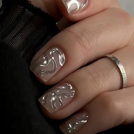 SXVME Soft Gel Press on Nails Short Square, False Nails with Chrome Swirl Design, French Fake Nails Short Coffin, Sliver Wave Pattern Full Cover Nude Pink Stick on Nail for Women Fall Winter