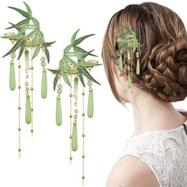 2 pack bamboo leaf hairpins, retro tassel antique Hanfu hair clip
