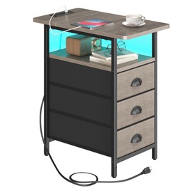sthmec End Table with Charging Station,LED Side Tables with USB Ports and Outlets,Narrow Nightstands Bedside Tables with 3 Drawers for Small Space,Slim Sofa Table for Livingroom,Grey