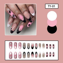 French Tip Press on Nails Almond Fake Nails Pink with Black Star Design Medium False Nails Acrylic Full Cover Nails Artificial Nails Glossy Glue on Nails for Women Girls Manicure Art 24Pcs