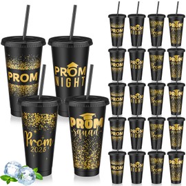 SiliFine 24 Set Graduation Prom 2025 Plastic Cups, 24oz Reusable Prom Plastic Tumblers Cup with Lids and Straws Graduation Party Dinnerware Supplies Bulk for Cold Drink (Black Gold)