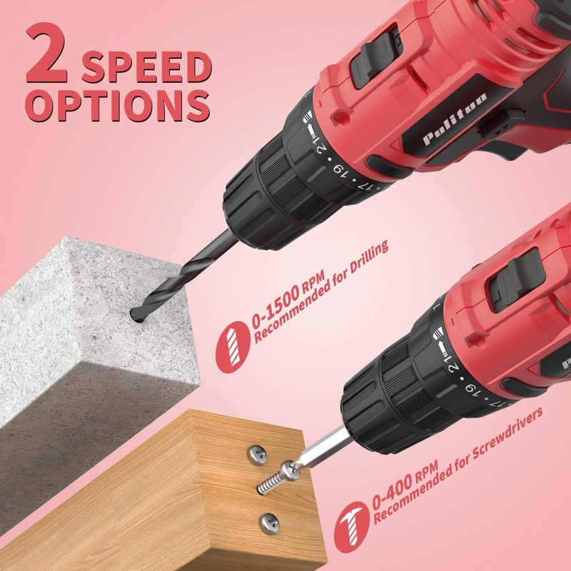 PULITUO 20V Cordless Drill/Driver, 2 Batteries Electric Screwdriver, 30Nm Power
