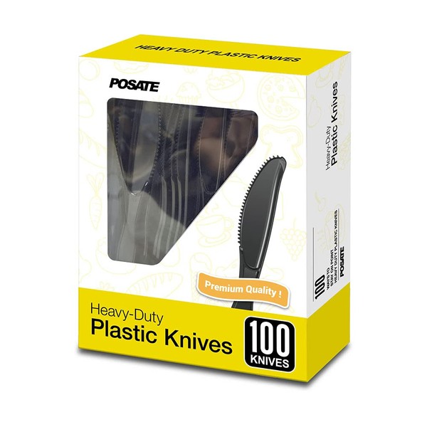 Black Plastic Knives, Heavy Duty Disposable Plastic Knives, Pack of 100, Party Supply