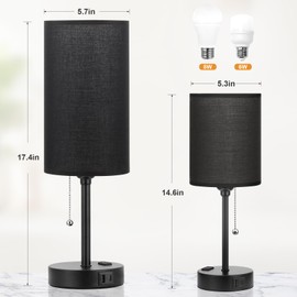 Dicoool 17Inch Tall Bedroom Lamps with USB C and A Ports 3 Color Temperatures - Pull Chain Black Nightstand Bedside Table Lamp with AC Outlet, Side Lamp for Living Room End Table
