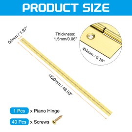 uxcell Piano Hinge, 48" Stainless Steel Continuous & Piano Hinges 2" Open Width 0.06'' Thick Heavy Duty Piano Hinges with Screws for Piano, Cabinets, Doors, Gold