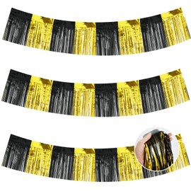 BEISHIDA 3 Packs Metallic Foil Fringe Black Gold Wall Hanging Tinsel Fringe Banners for Car Floats Bridal Shower Wedding Birthday Easter Graduation Holiday Party Decoration(30 Feet)