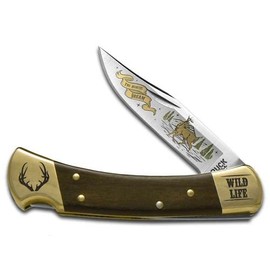 Buck 110 Wild Life Series Deer Ebony Wood Folding Hunter 420HC Stainless Pocket Knife Knives, Black (BK110WLS-DEER)