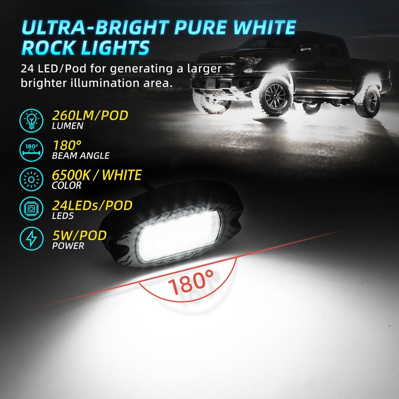 20Pods Metal Pure White LED Rock Lights Kit with Switch