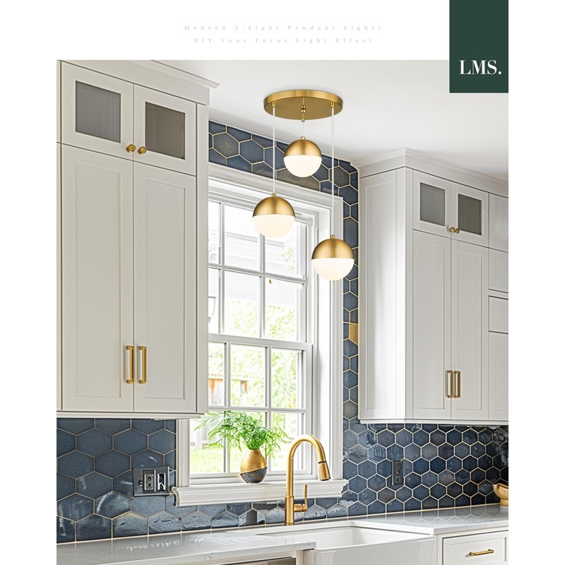 LMS Brushed Gold 3-Light Cluster Pendant Lights, Modern Kitchen Island