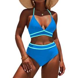 ZAFUL High Waisted Bikini Sets for Women Two Piece Color Block Swimsuits 2025 Cheeky Bathing Suits Blue M