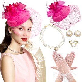 Hot Pink Tea Party Hat Gloves Women Fascinators Hats Gloves Pearl Necklace Earrings Choker Funeral Hats for Women