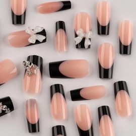 Viugex 24Pcs Nude Pink Press on Nails Long Square, Black French Tip False Nails with 3D Bow Pentagram Designs, Glossy Glitter Full Cover Fake Nail, Acrylic Stick on Nails for Women Daily Wedding Wear