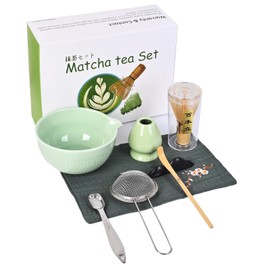 Matcha Whisk Set, 8 Pcs Ceramic Matcha Kit, Traditional Matcha Bowl with Spout, Whisk and Holder, Tea Sifter, Scoop and Measuring Spoon