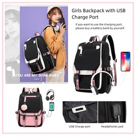 School Backpack for Girls Color-block School Bag with Lunch Box Pencil Case Set 3PCS Girls Backpack for School Kids Bookbag with USB Charging Port