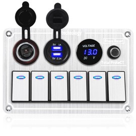 Xhtechnology Marine Boat Rocker Switch Panel,Waterproof 6 Gang Toggle Switch Panel with Dual USB and Voltmeter Panel for RVs, Cars, Boats, Trucks,Trailers - 12-24V (Silver, 6 Gang)