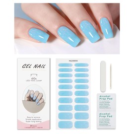 Blue Glitter Gel Nail Strips, KALEFUL Semi Cured Gel Nail Stickers Nail Art Decoration Design Supplies