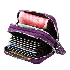 AprinCtempsD RFID Blocking Womens Credit Card Holder Genuine Leather Mens Small Doulbe Zipper Wallet Ladies Mini Coin Pocket Purse Zip with Transparent Window (Red)