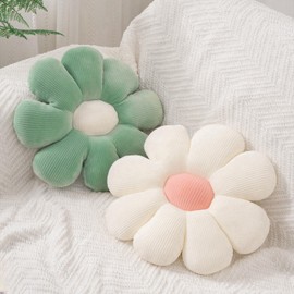 2 Pcs Sage Green Throw Pillow Decorative Flower Pillows for Girls Room Decor, 15" Cute Aesthetic Flower Daisy Shaped Throw Pillows for Bedroom Bed Couch Chair Classroom (White+Green, 15.35 Inch)