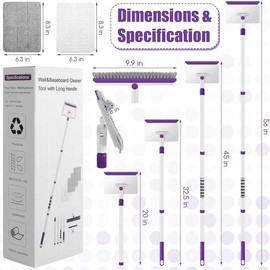 Baseboard Cleaner Tool with Handle, 60" Extendable Long Handle Baseboard Cleaner with 5 Reusable Pads for Baseboards Cleaning, Ceiling, Wall, Floor, Bathroom Kitchen